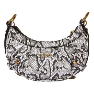 A grey, zippered mini crossbody bag with a chain strap, featuring a textured pattern and the Guess logo in a prominent location.