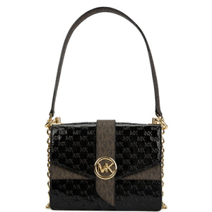 A Michael Kors Greenwich Extra-Small Logo Embossed Patent Leather Crossbody Bag in black color with gold-tone hardware and a chain shoulder strap.