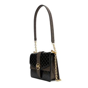 Michael Kors Greenwich Extra-Small Logo Embossed Patent Leather Crossbody Bag - Black/Acorn - www.unoo.com