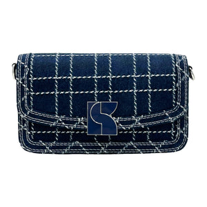 Kate Spade New York Dakota Denim Check convertible crossbody bag in indigo with adjustable strap and check pattern.