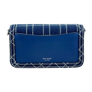 Kate Spade New York Dakota Denim Check convertible crossbody bag in indigo with adjustable strap and gold-tone hardware.