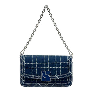 Kate Spade Dakota Denim Check Convertible Crossbody Bag in indigo with adjustable strap and checkered pattern.