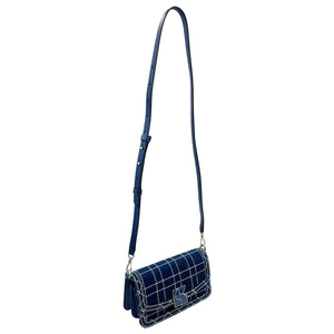 Kate Spade New York Dakota Denim Check Convertible Crossbody Bag in indigo with adjustable shoulder strap and signature pattern.