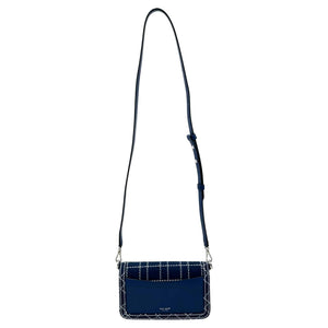 Kate Spade New York Dakota Denim Check Convertible Crossbody Bag in indigo with adjustable shoulder strap and checkered pattern.