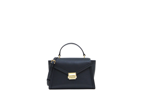 Michael Kors Whitney Leather Satchel Bag Medium Flap Shoulder - Black
