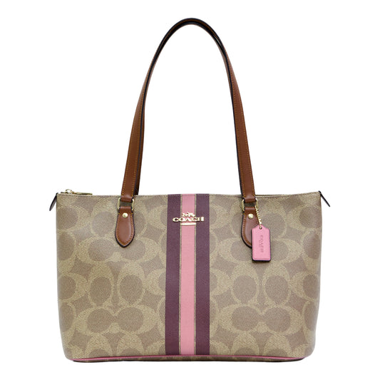 Coach Gallery Tote Bag In Signature Canvas With Stripe Print- Brown/ Multi