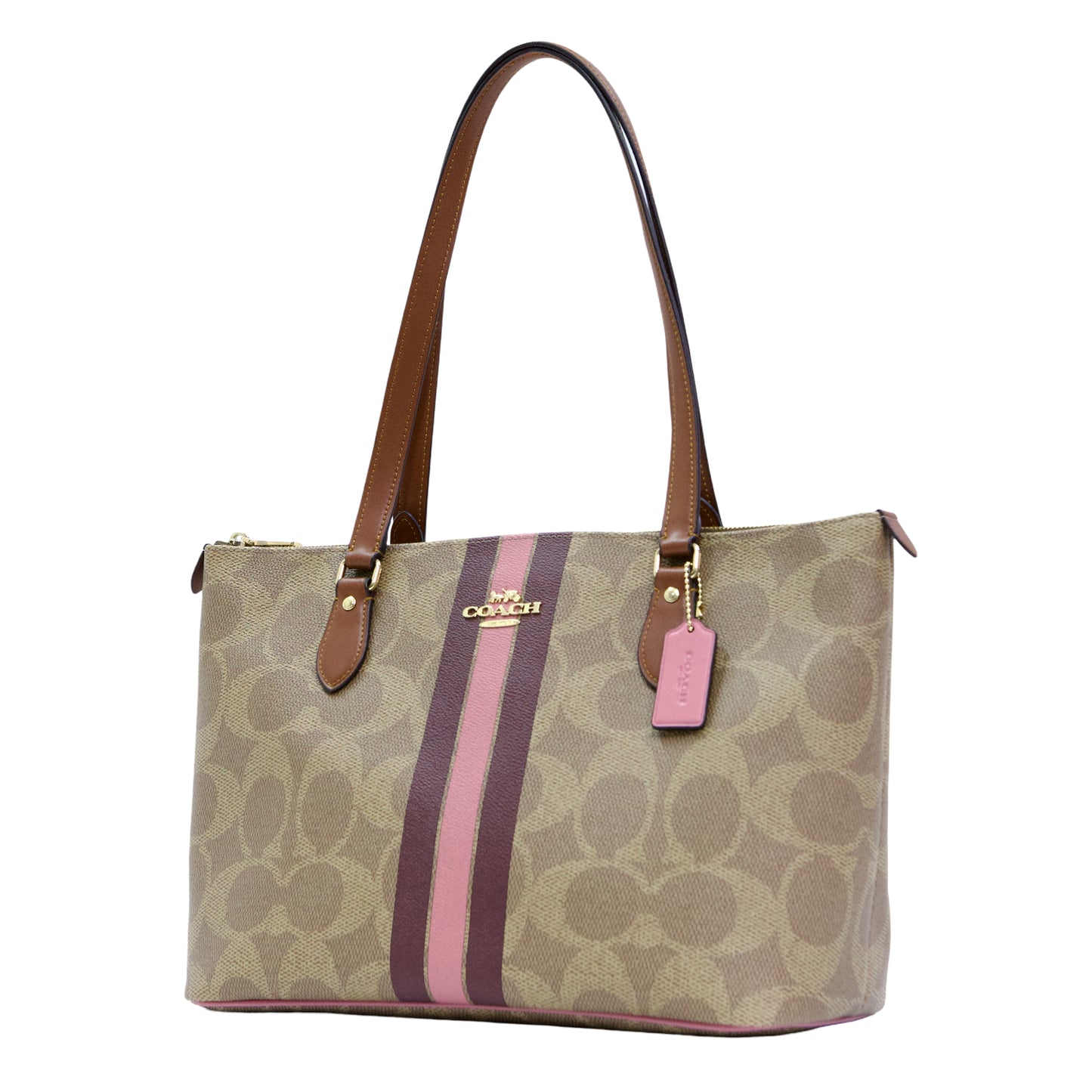 Coach Gallery Tote Bag In Signature Canvas With Stripe Print- Brown/ Multi