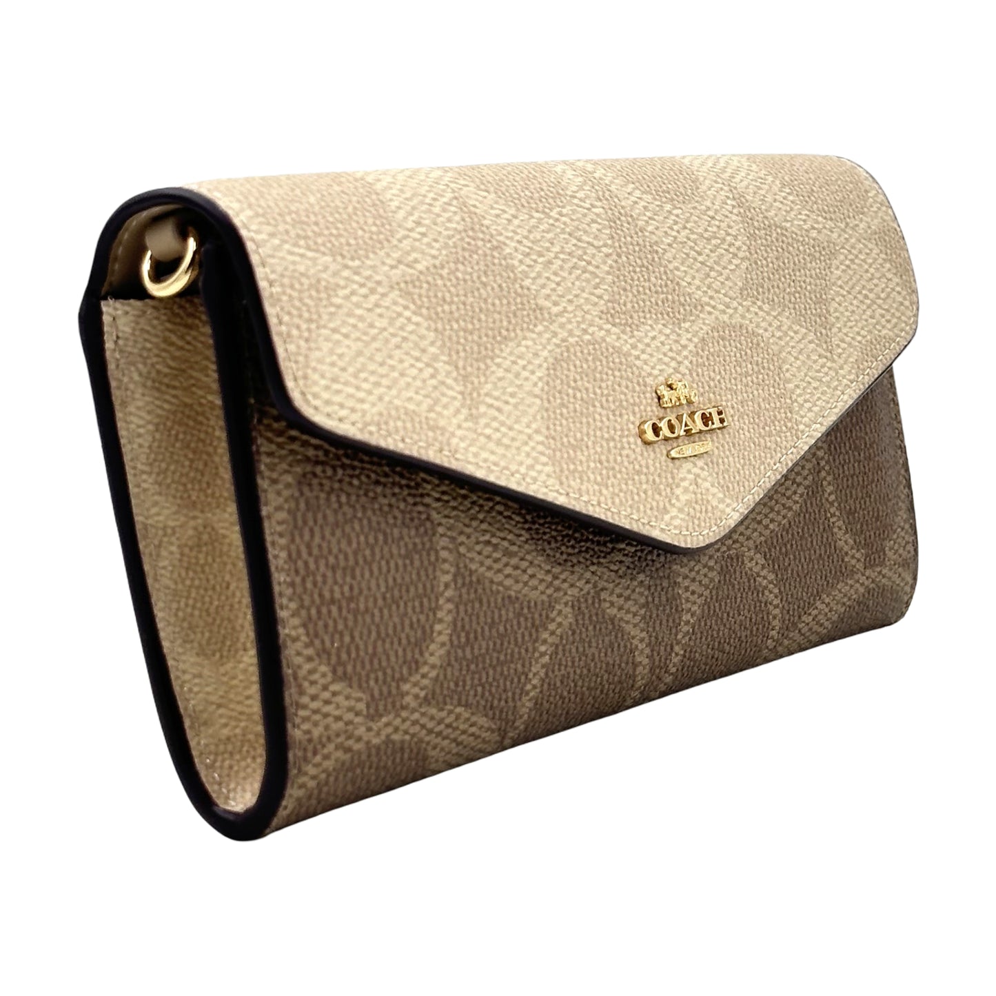 Coach Klare Wallet With Chain In Blocked Signature Canvas-Gold/Sand/Tan