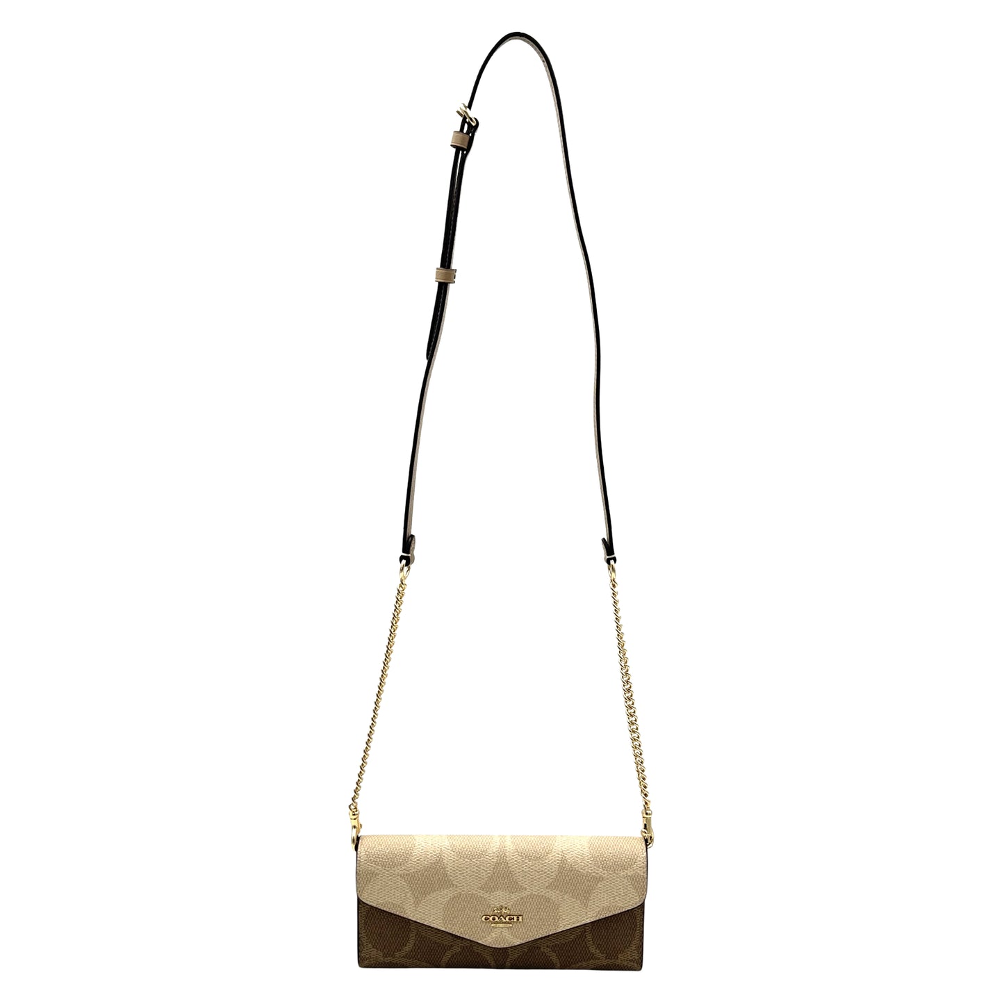 Coach Klare Wallet With Chain In Blocked Signature Canvas-Gold/Sand/Tan