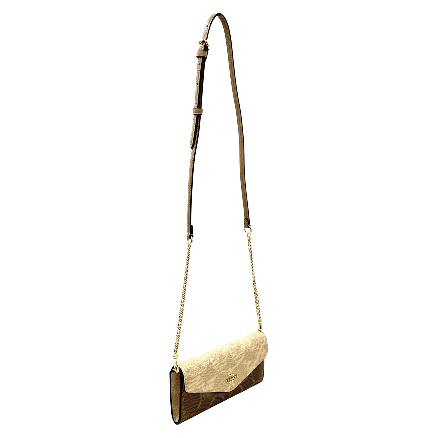 Coach Klare Wallet With Chain In Blocked Signature Canvas-Gold/Sand/Tan