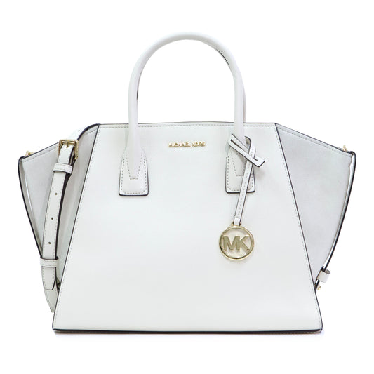Michael Kors Avril Large Top Zip Satchel Leather- Light Cream