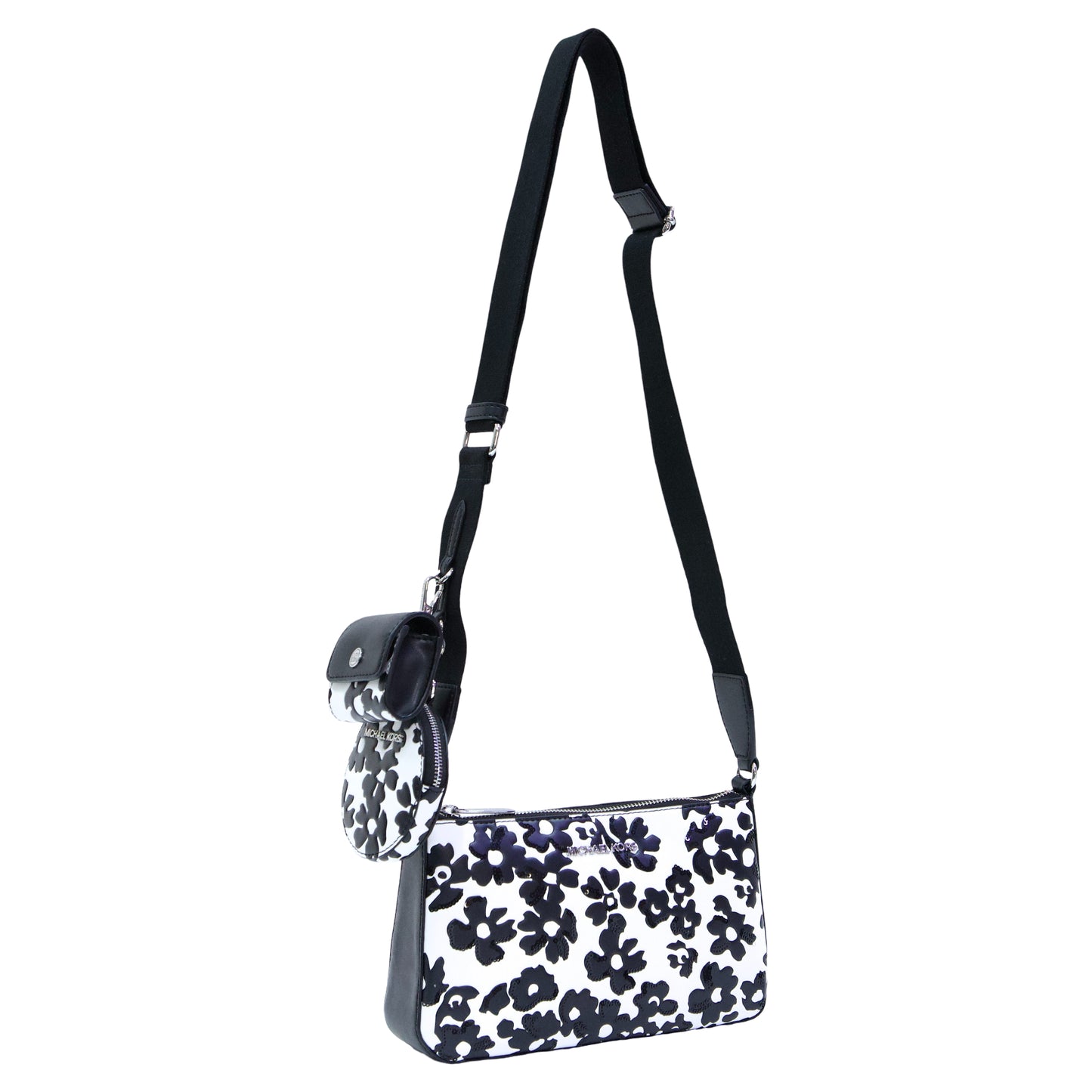 Jet Set Small Sequined Floral Print Crossbody Bag- Black