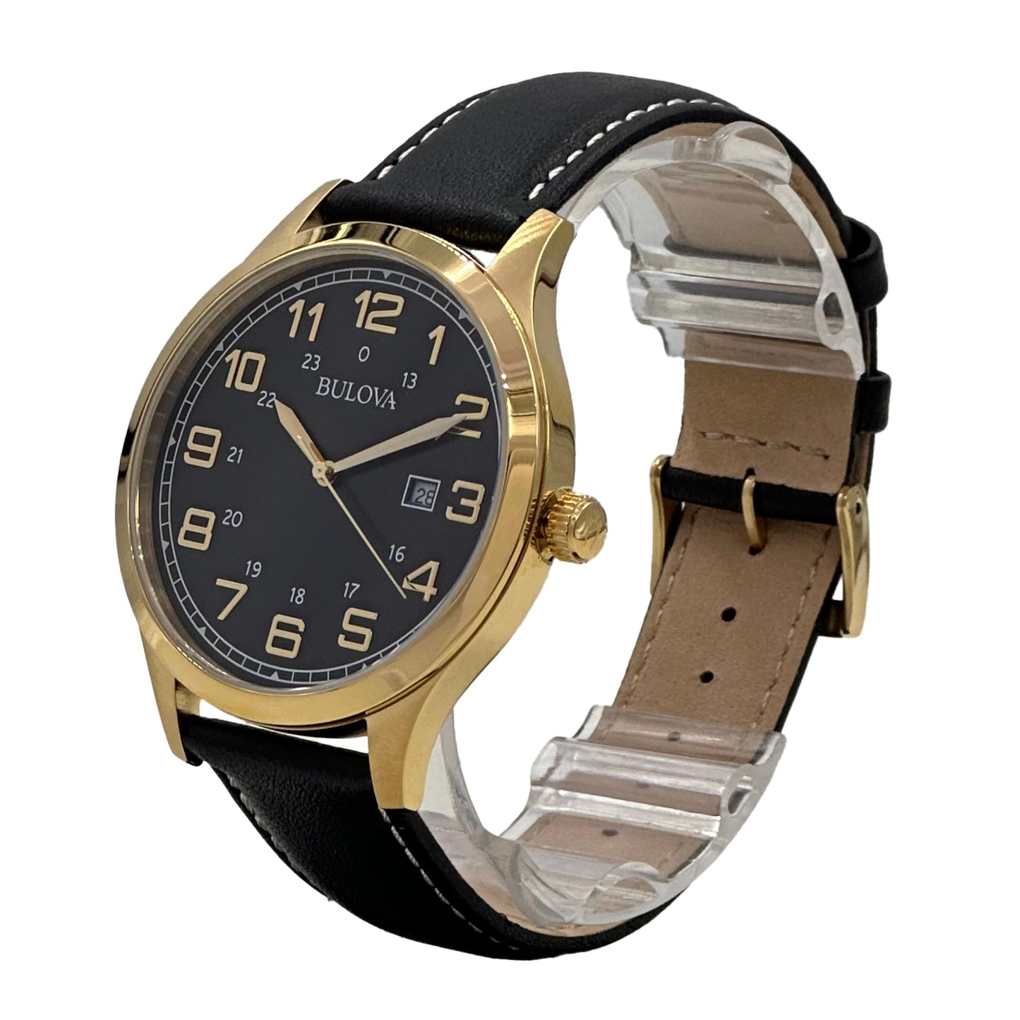 Bulova Men's Gold-Tone Case Black Leather Strap Watch - 971B181 0042429565128