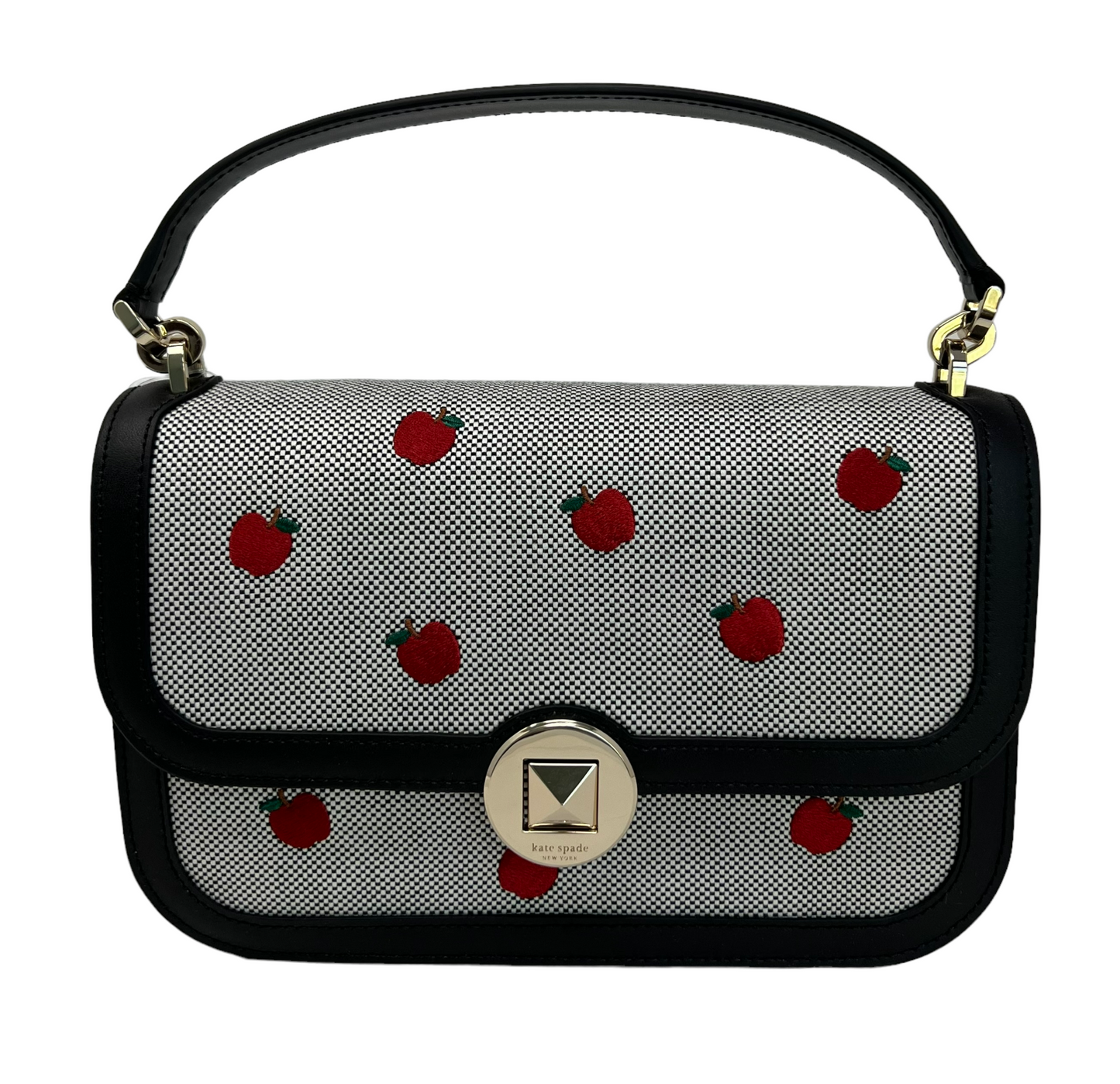 Kate Spade Audrey Orchard Toss Embroidered Apple Handle Flap Turnlock Bag Black