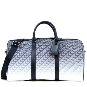 White duffel bag with black pattern and straps on a white background