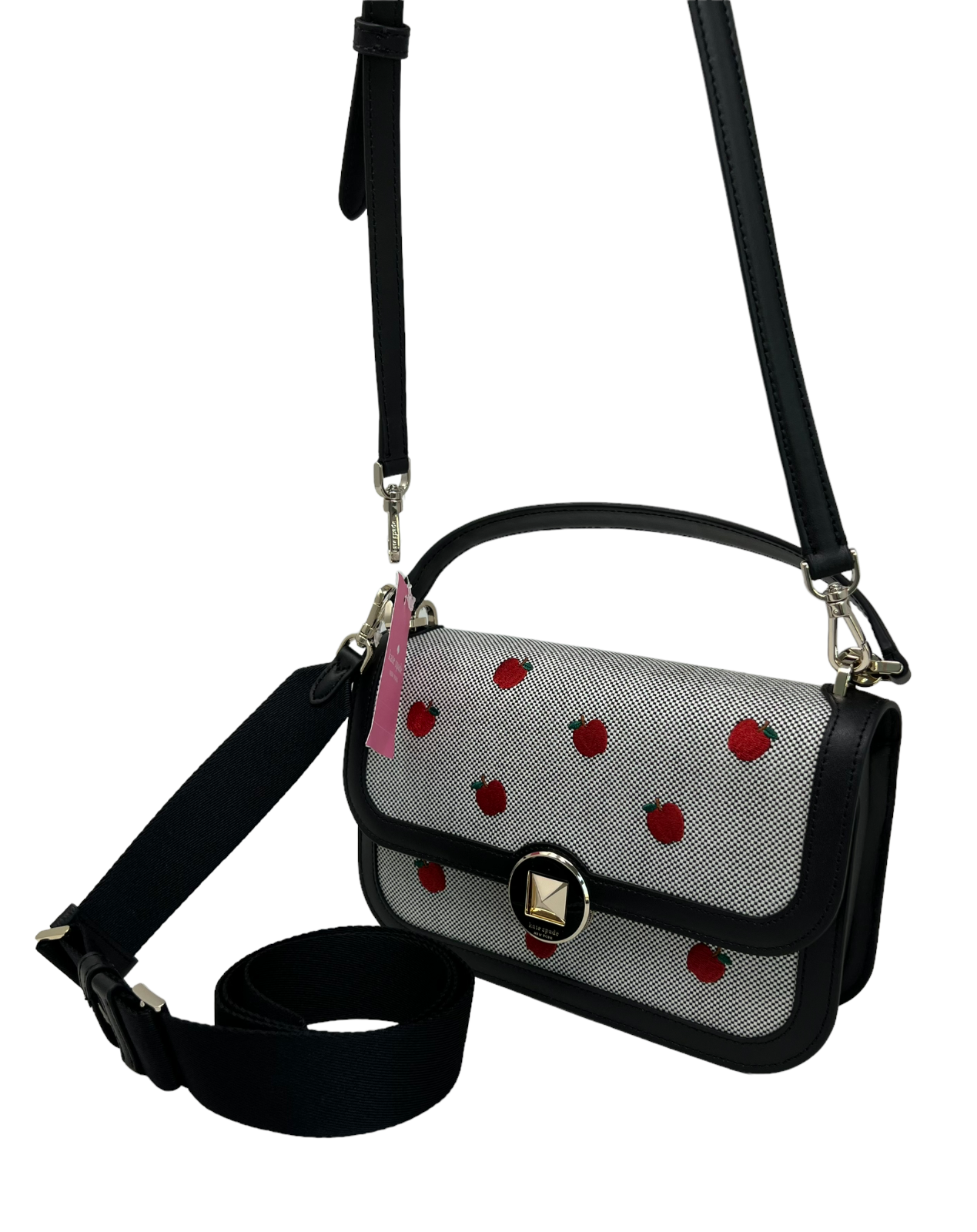 Kate Spade Audrey Orchard Toss Embroidered Apple Handle Flap Turnlock Bag Black