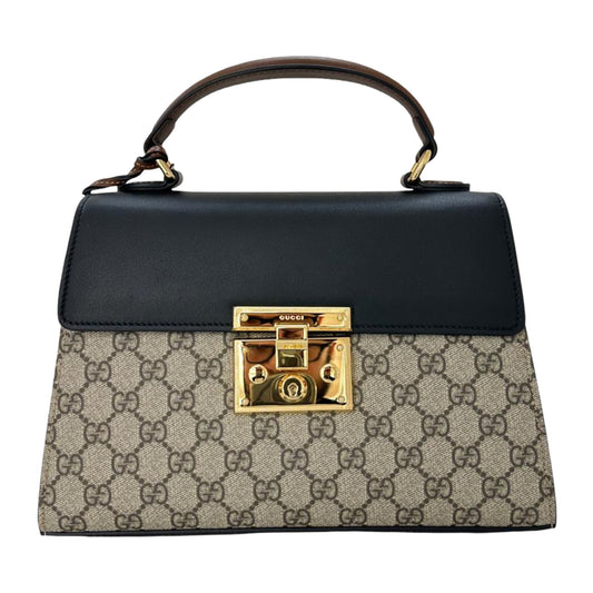 Gucci Top Handle Crossbody Handbag with Gold Lock Latch-Beige/Black/Brown