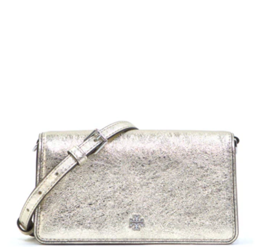Tory Burch Emerson Metallic Leather Mini Crossbody - White Gold