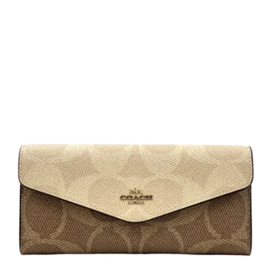 Coach Klare Wallet With Chain In Blocked Signature Canvas-Gold/Sand/Tan