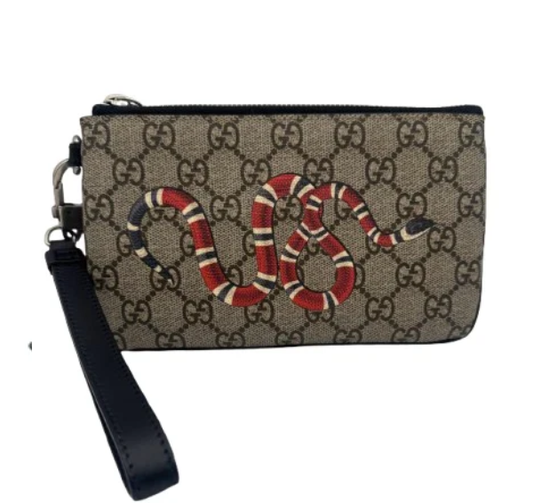 Gucci Kingsnake GG Supreme Wristlet Pouch Beige Ebony Clutch