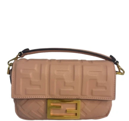 Fendi Pink Leather FF Embossed Nano Baguette Shoulder Bag with Gold Hardware