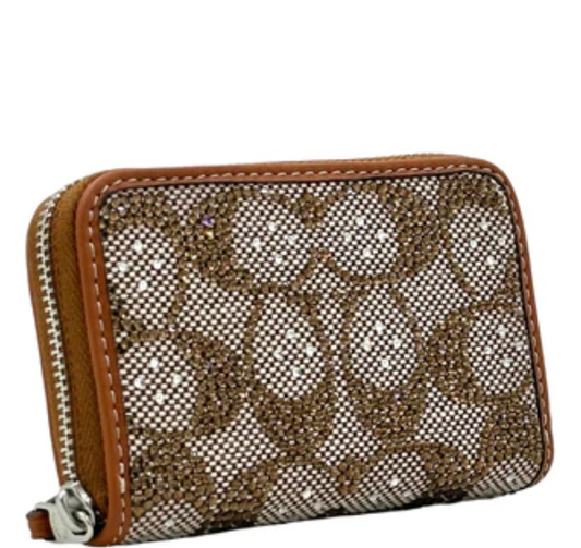 Coach Small Zip Around Crystal Signature Jacquard Contrast Trim Wallet- Burnished Amber