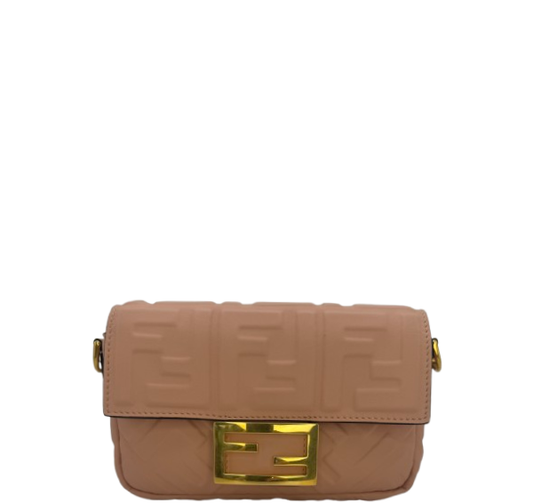 Fendi Pink Leather FF Embossed Nano Baguette Shoulder Bag with Gold Hardware