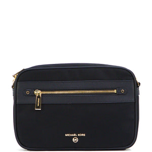 Black handbag with gold zipper and 'Michael Kors' logo on a white background