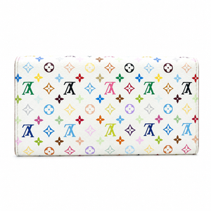 A white leather wallet featuring a colorful, repeating Louis Vuitton-style monogram pattern with various colored letters and floral motifs, shown against a plain white background.