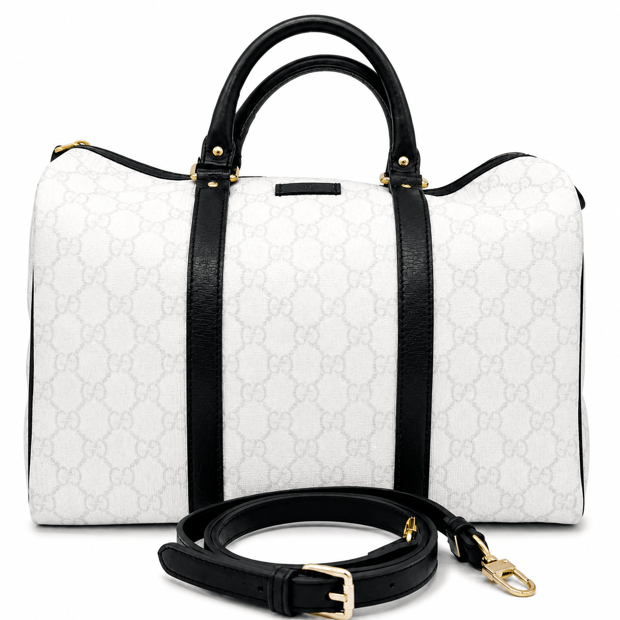 Gucci Medium GG Supreme Joy Boston Bag White Black Trim Strap