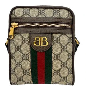 Designer handbag with patterned design and visible brand logo on a white background
