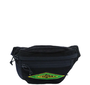 Black waist bag with a yellow and green logo on a white background