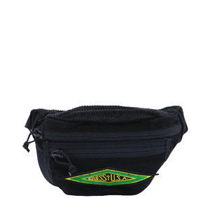 Black waist bag with a yellow and green logo on a white background