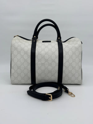 Gucci Medium GG Supreme Joy Boston Bag White Black Trim Strap - www.unoo.com