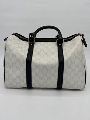 Gucci Medium GG Supreme Joy Boston Bag White Black Trim Strap - www.unoo.com