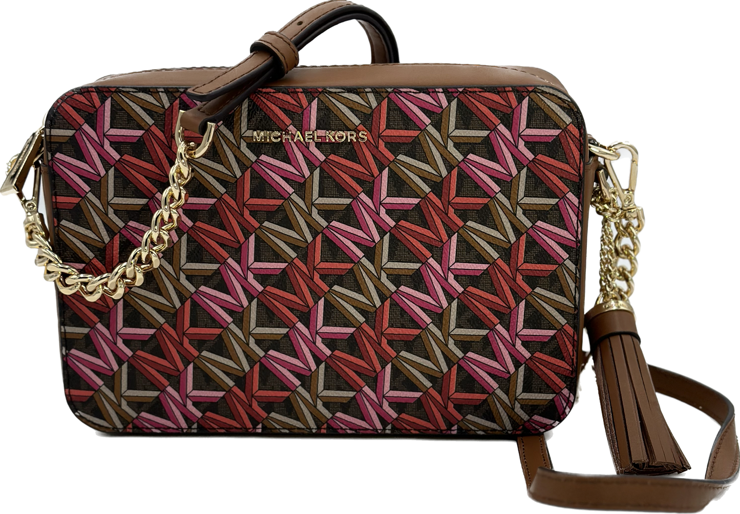 Michael Kors Women's Jet Set Brown Multi Signature Camera Bag Crossbody Bag