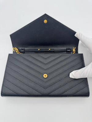 Saint Laurent YSL Black Cassandre Chevron Chain Wallet Gold Hardware - www.unoo.com