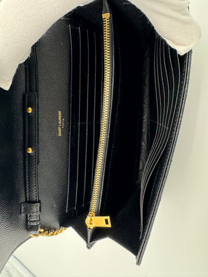 Saint Laurent YSL Black Cassandre Chevron Chain Wallet Gold Hardware - www.unoo.com