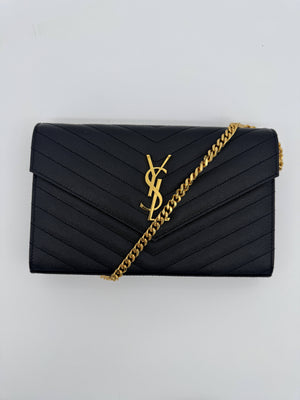 Saint Laurent YSL Black Cassandre Chevron Chain Wallet Gold Hardware - www.unoo.com