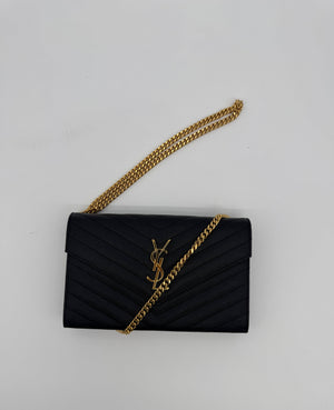 Saint Laurent YSL Black Cassandre Chevron Chain Wallet Gold Hardware - www.unoo.com