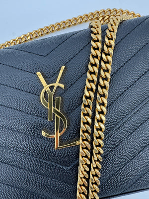 Saint Laurent YSL Black Cassandre Chevron Chain Wallet Gold Hardware - www.unoo.com