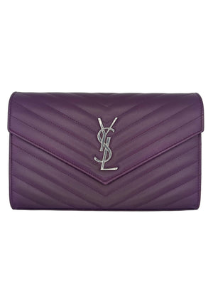 Saint Laurent Cassandre Envelope Chain Wallet Purple Chevron Grain de Poudre Leather WOC - www.unoo.com