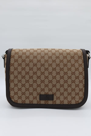 Gucci Monogram Flap Messenger Bag Beige Dark Brown GG Canvas - www.unoo.com