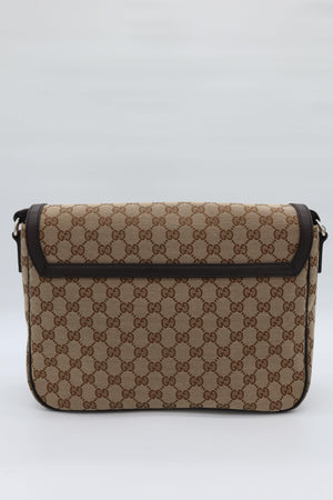 Gucci Monogram Flap Messenger Bag Beige Dark Brown GG Canvas - www.unoo.com