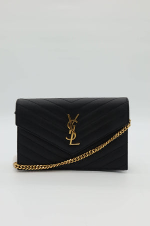 Saint Laurent YSL Black Cassandre Chevron Chain Wallet Gold Hardware - www.unoo.com