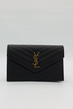 Saint Laurent YSL Black Cassandre Chevron Chain Wallet Gold Hardware - www.unoo.com