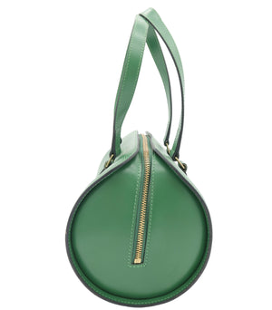 A green leather duffle bag with a gold zipper and matching green shoulder strap, shown against a plain white background.