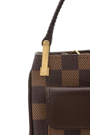 Close-up of a brown checkered handbag with a dark brown leather handle and a gold-tone metal clasp on a light gray background.