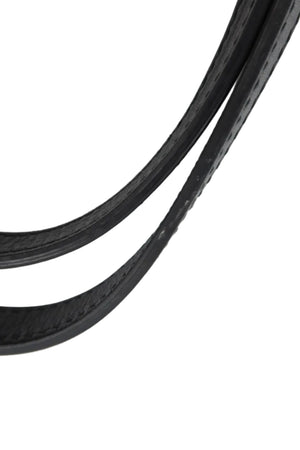 A close-up of a black leather strap, likely a handbag strap, showing the stitched edge against a plain white background.