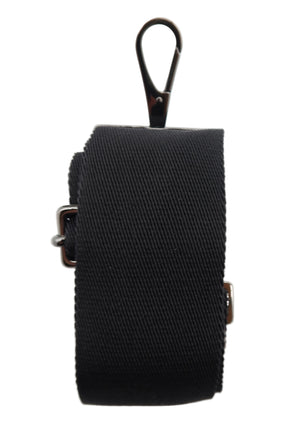 A black woven strap with a black metal carabiner clip at the top and a silver-toned buckle, shown on a plain white background.